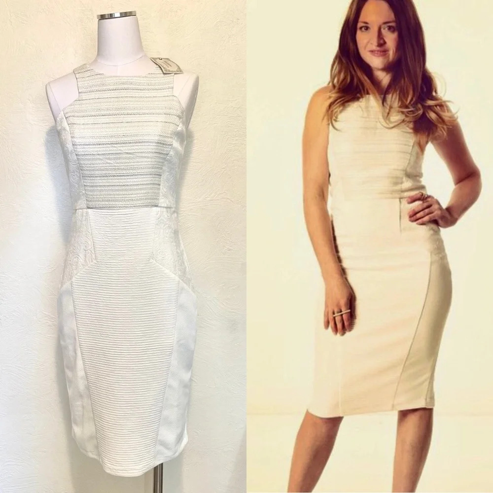🤍 NWT Champagne & Strawberry White Brocade & Boucle-Tweed Midi Wiggle Dress – M